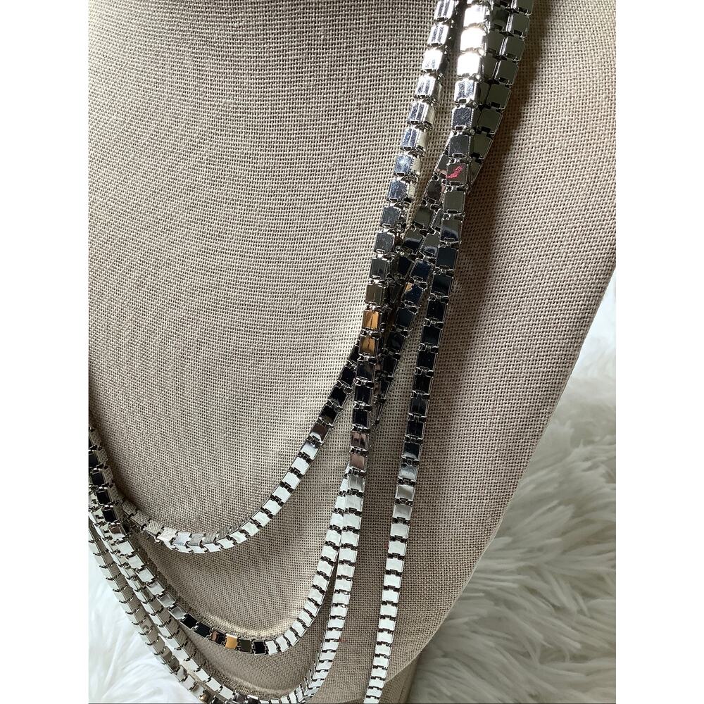 NATASHA Silver Tone Multi Strand Box Chain Layered Statement Bib Necklace C2-17 - Picture 2 of 5